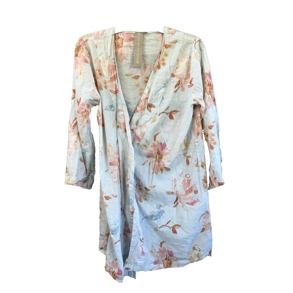 Plum Pretty Sugar Robe S Cotton Blue Floral Birds Long Sleeve Kimono Tie Short - Picture 1 of 9
